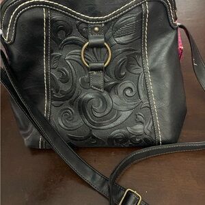 b.o.c. Black Embossed Leather Crossbody with Brass Ring Accent